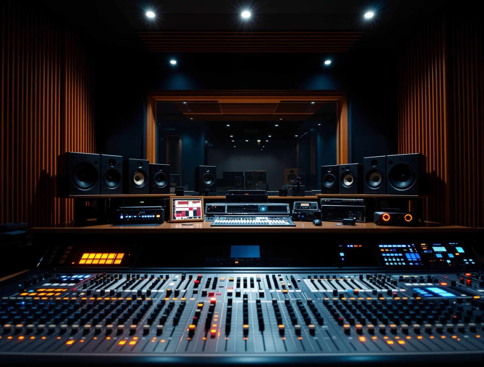A professional recording studio control room lit in low amber and blue